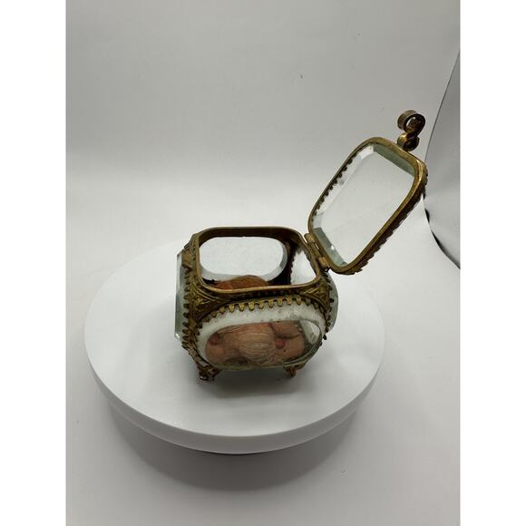 Antique French Ormolu Gilded Bronze Beveled Glass Jewelry Casket Ring Box Pillow - Picture 7 of 11